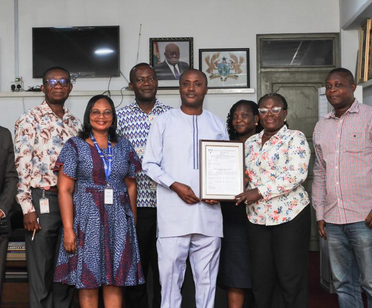 Picture: Prof. Gabriel Dwomoh, the Vice-Chancellor (middle), receives the accreditation plaque from Ms. Felicia Ofosuaa Tettey (2nd from right), alongside staff from the Counselling Directorate and other university officials.