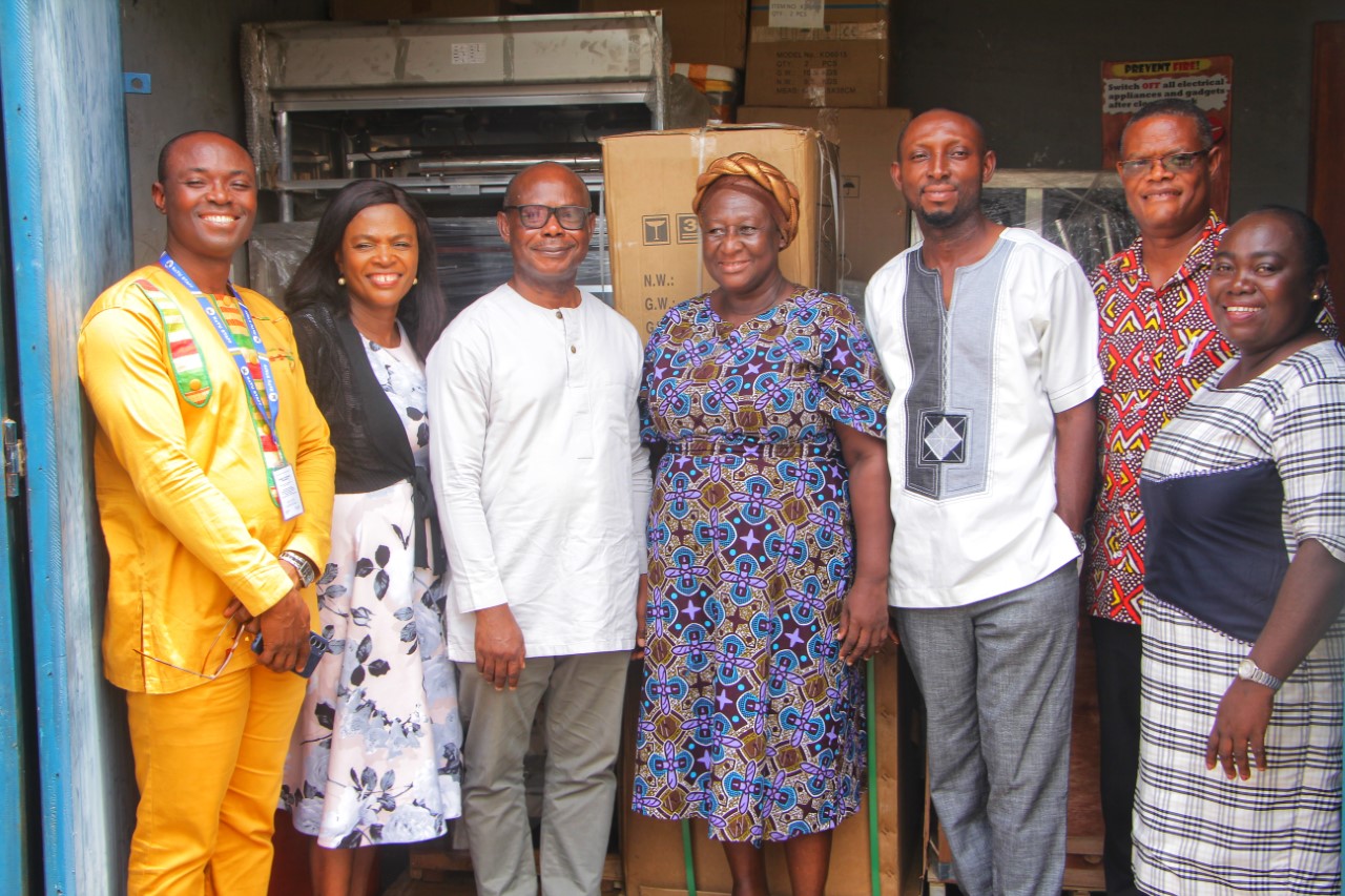 (From Left to Right) Dr. Jenkins Asaah, Deputy Registrar (Administration), Mrs. Priscilla Osae-Akonnor (lecturer. HCIM), the Vice-Chancellor,Ing. Prof Wusu-Achaw, Dr. Vida Commey (HoD, HCIM), Deputy Director of Finance, Mr. Isaac Owusu Ansah, Dean of the Faculty of Applied Sciences and Technology, Prof. Felix N. Engmann and Mrs. Joyce Adu-Amoah (VC’s Secretariate